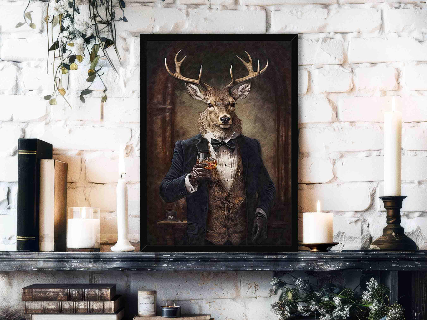 wall art print of a stag drinking whisky or bourbon made in the style of a vintage painting 