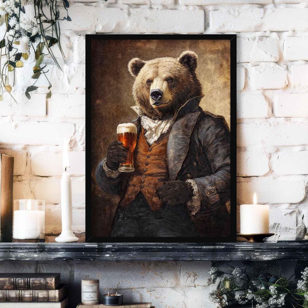 Brown Bear Drinking Beer Wall Art Print 