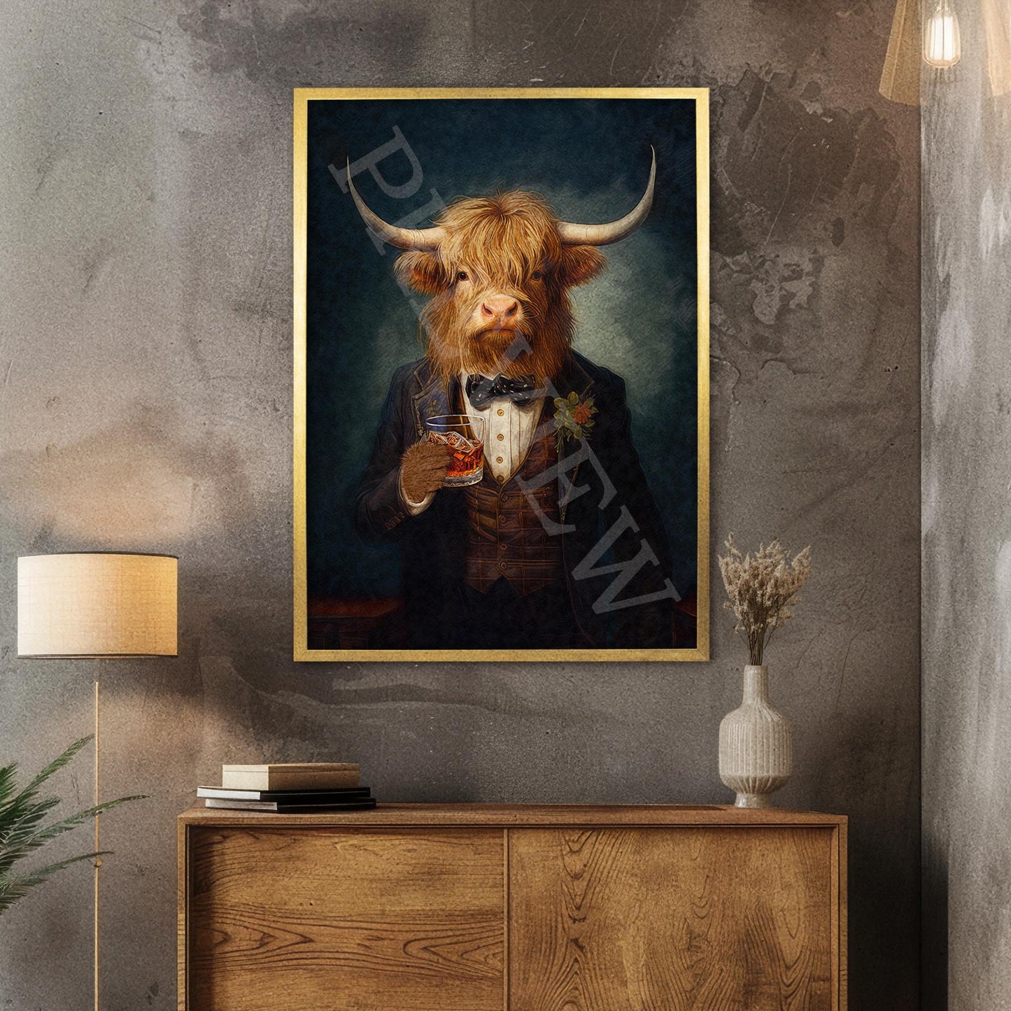 HighlandCowWhiskyGoldFrame-VintagePandaDesigns