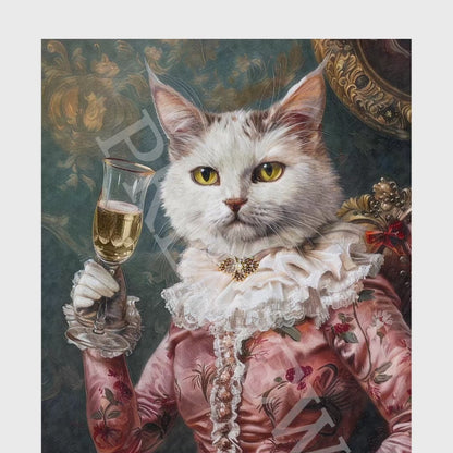 Cat Lady Drinking Champagne Wall Art Print