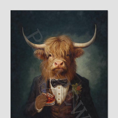 Highland Cow Drinking Whisky Wall Art Print