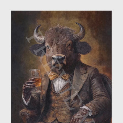 Bison Drinking Bourbon Wall Art Print