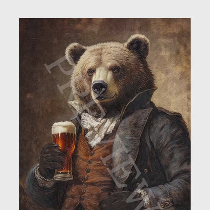 Bear Drinking Beer Wall Art Print