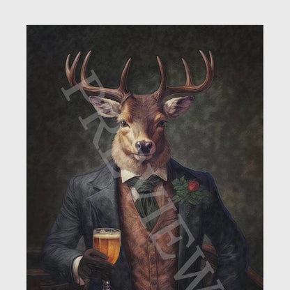 Stag Drinking Beer Wall Art Print