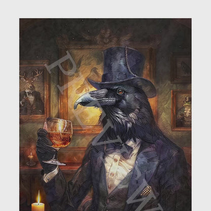 Raven Drinking Whisky Wall Art Print